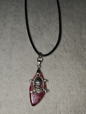Red Stone Skull Pendant Necklace - Handmade Jewelry
